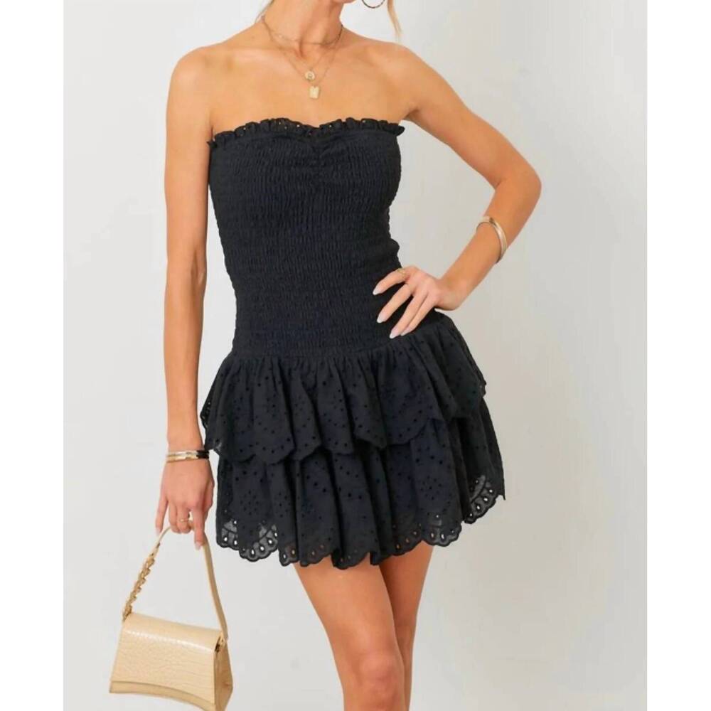 NEW BABY PINK eyelet ruffle mini dress in black